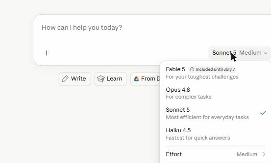 The claude.ai model picker with Claude Sonnet 5 selected, described as